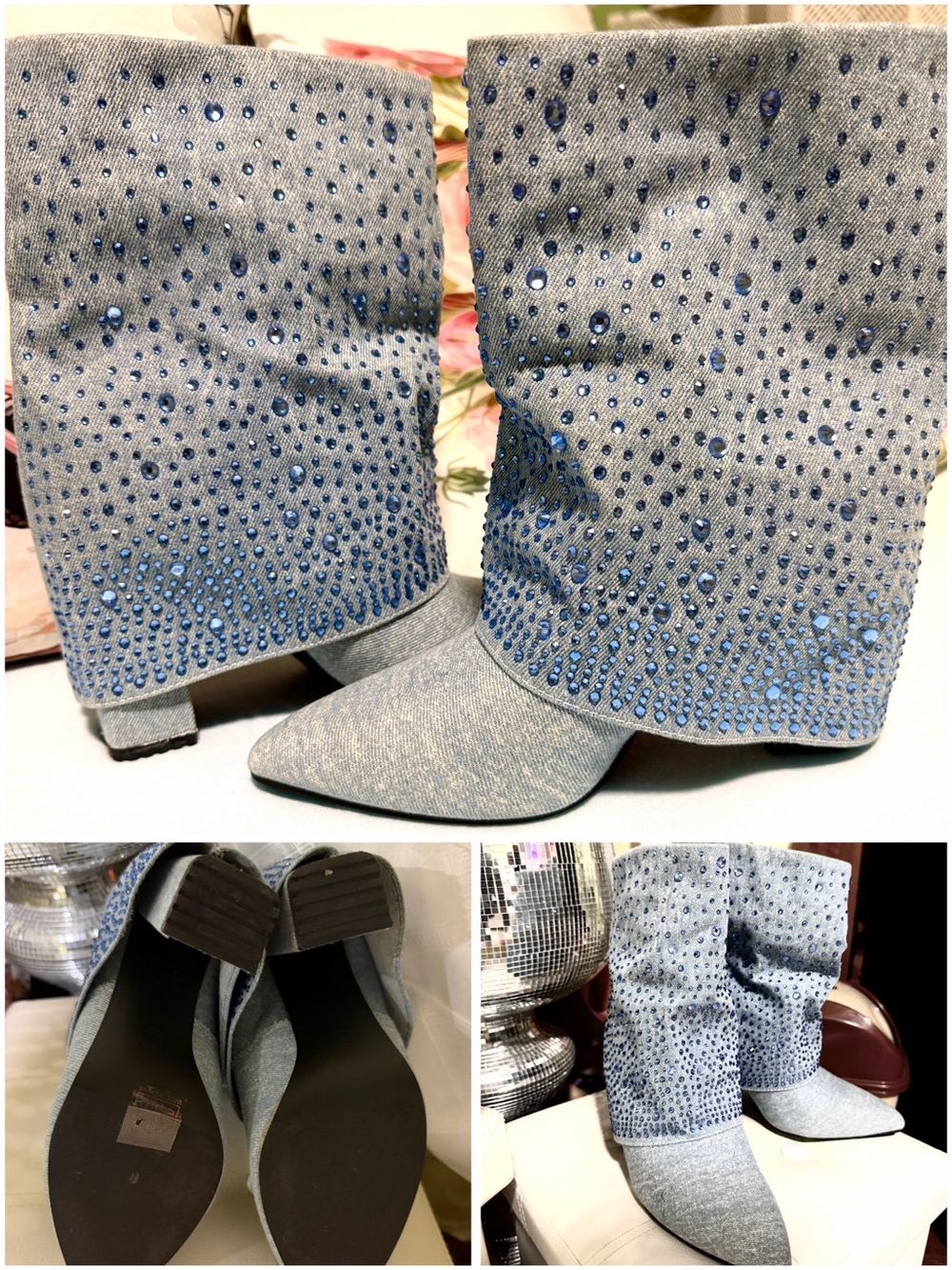 Blue denim ankle booties with blue rhinestones
Size: 37 or 6 1/2